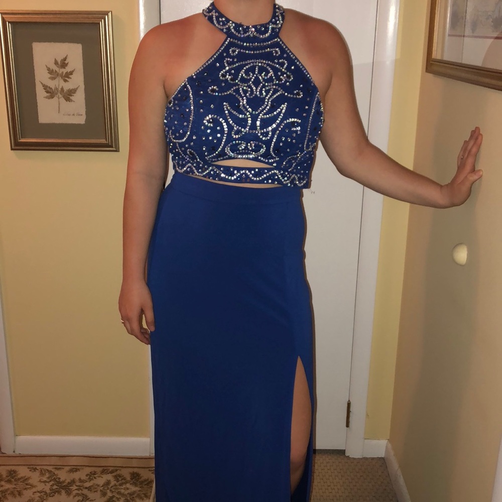 Blue and sequenced prom dress
